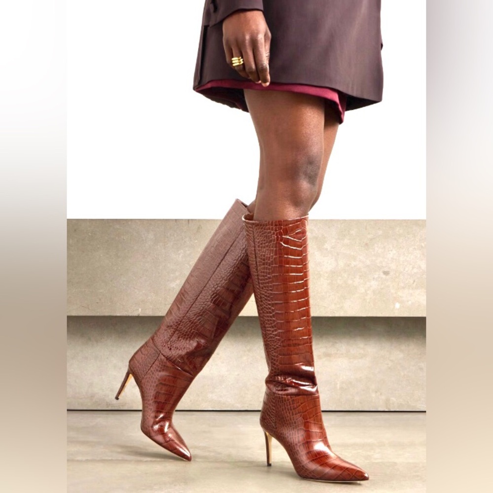 New AD & DAUGHTERS Tasmine Croc Leather Stiletto Knee Boots Caramel 6.5 MSRP$275